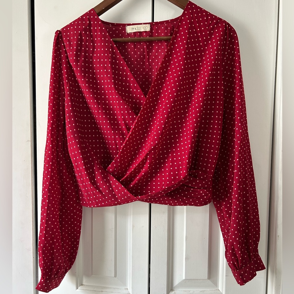 Em & Elle women’s S blouse wrap crop red & white polka dot